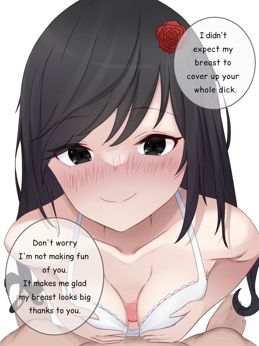 1boy 1girls black_eyes black_hair blush bra cleavage commission long_hair merumaruru naizuri original_character paizuri small_breasts small_penis small_penis_adoration speech_bubble