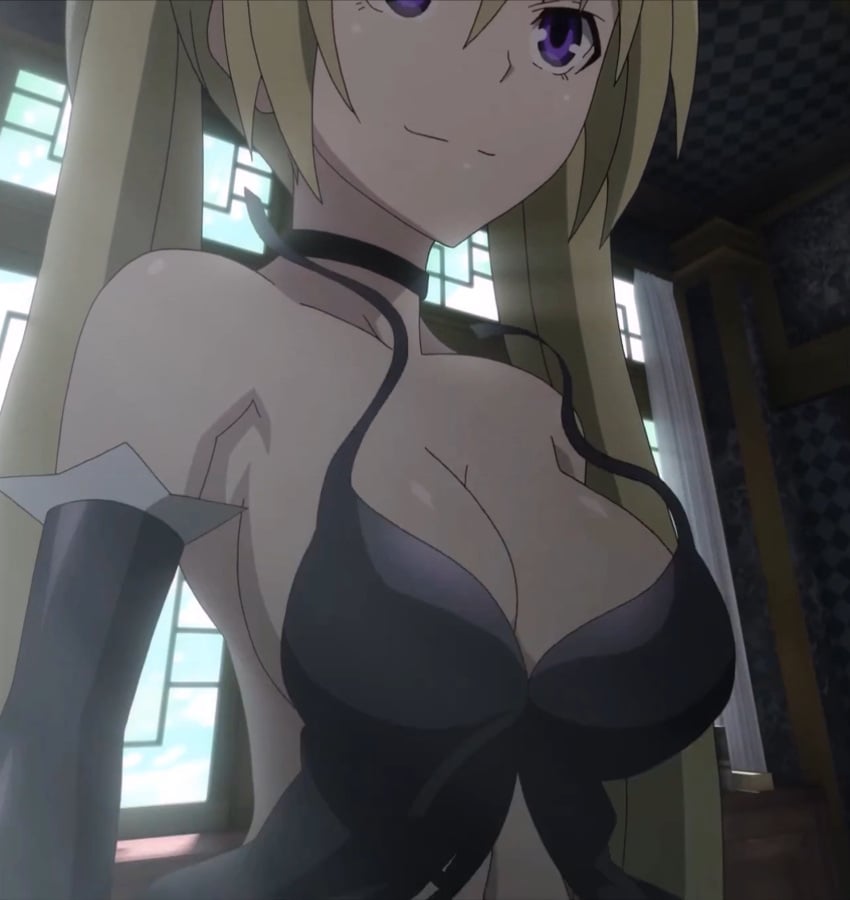 1girls babydoll big_breasts blonde_hair busty cleavage female female_only hi_res large_breasts lieselotte_sherlock long_hair midriff navel purple_eyes screencap smile solo stitched trinity_seven twintails voluptuous wardrobe_malfunction