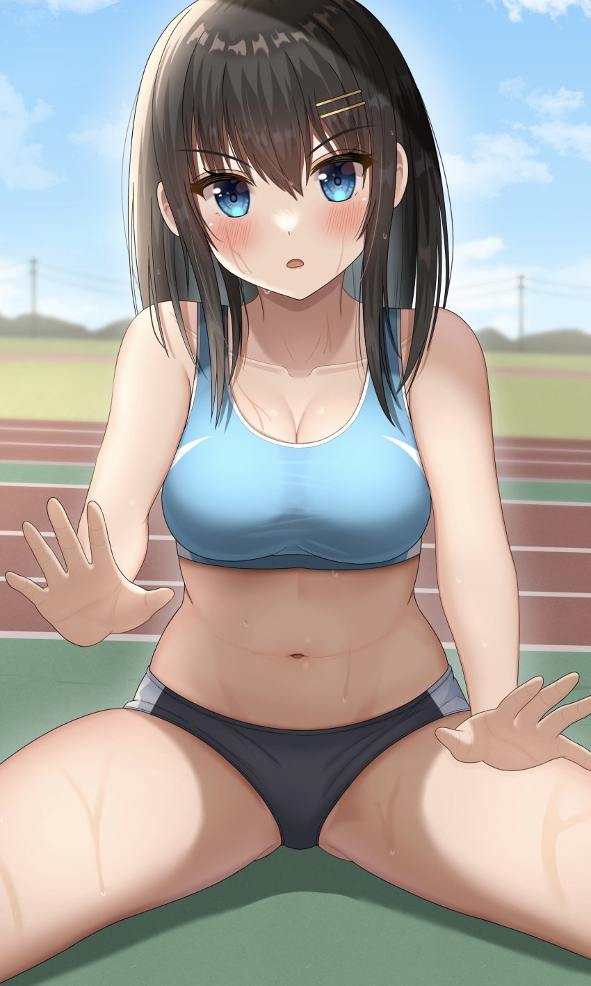 bare_arms bare_legs bare_shoulders bikini black_buruma blue_eyes blurry bottle breasts brown_hair buruma cleavage collarbone crop_top depth_of_field female highres holding kureha_(ironika) large_breasts long_hair looking_at_viewer midriff navel open_mouth original revealing_clothes sitting sleeveless solo sports_bra stomach sweat swimsuit thighs tsubasa_(kureha) v-shaped_eyebrows volleyball volleyball_net water_bottle