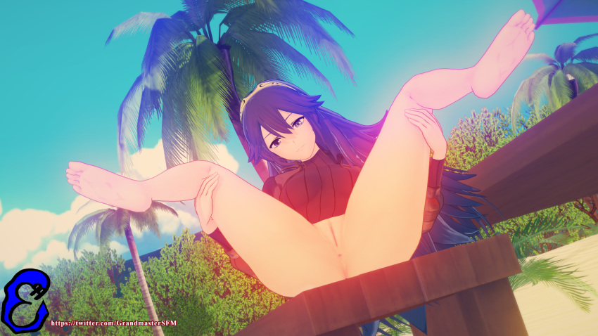 1girls 3d anus bare_legs bare_thighs barefoot beach blue_eyes blue_hair bottomless brown_hair day female female_only fire_emblem fire_emblem_awakening grandmastersfm inviting inviting_to_sex legs long_hair looking_at_viewer lucina_(fire_emblem) medium_breasts nintendo outdoors palm_tree presenting pussy smile solo spread_legs sweater symbol-shaped_pupils thick_thighs thighs tree