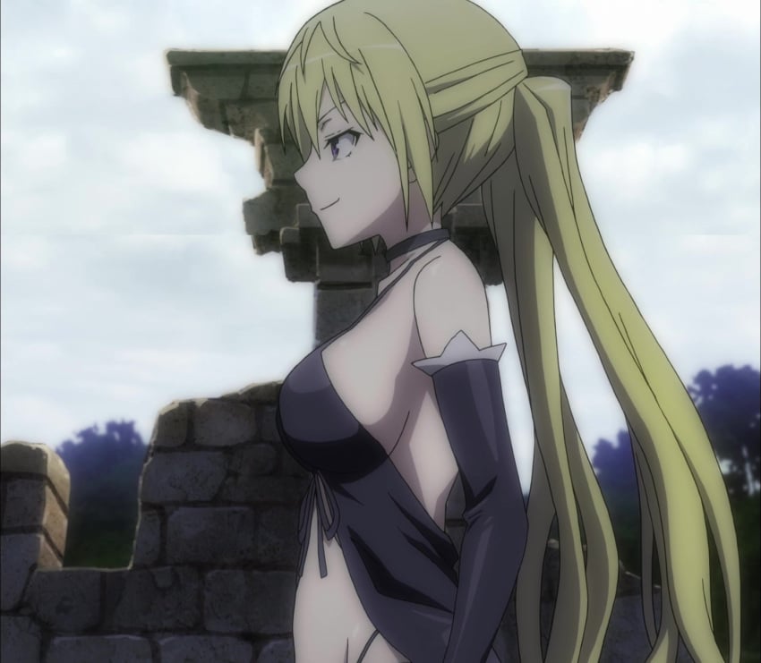 1girls babydoll big_breasts blonde_hair busty female female_only from_side gloves hi_res large_breasts lieselotte_sherlock long_hair midriff purple_eyes screencap shorts sideboob smile solo stitched thong trinity_seven twintails voluptuous