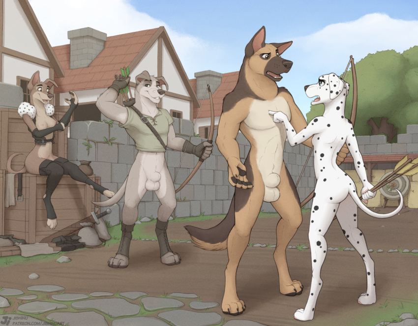 2022 animal_genitalia anthro archer balls bottomless breasts canid canine canis casual casual_bottomless clothed clothing countershading dalmatian domestic_dog female genitals german_shepherd group herding_dog jishinu male mammal nipples nude pastoral_dog public sheath weapon