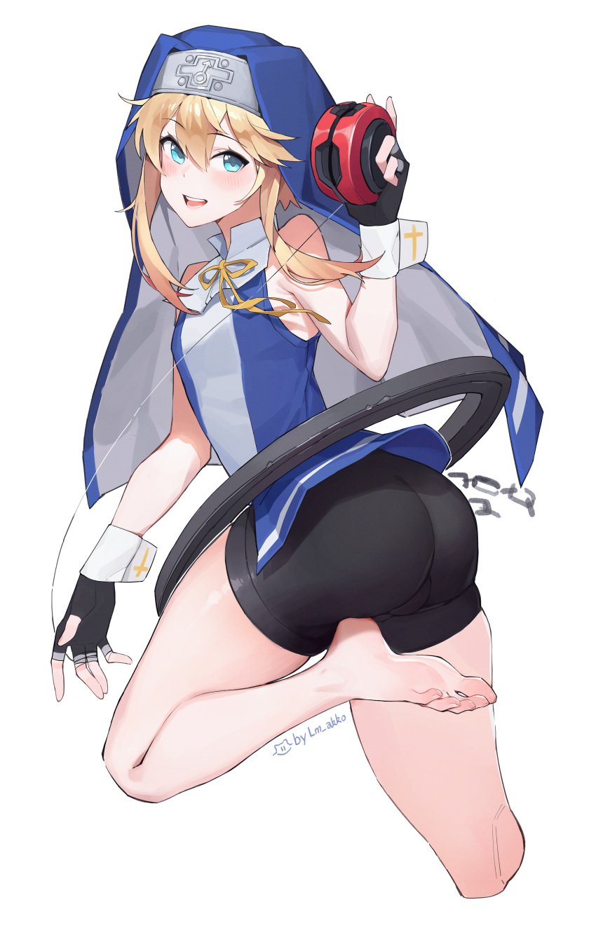 1boy ass backsack balls blonde_hair blue_eyes blush bridget bulge compression_shorts feet femboy fingerless_gloves girly gloves guilty_gear hoodie lan_mao_akko light_skin male solo solo_male spandex_shorts thick_thighs thighs toes white_background yo-yo