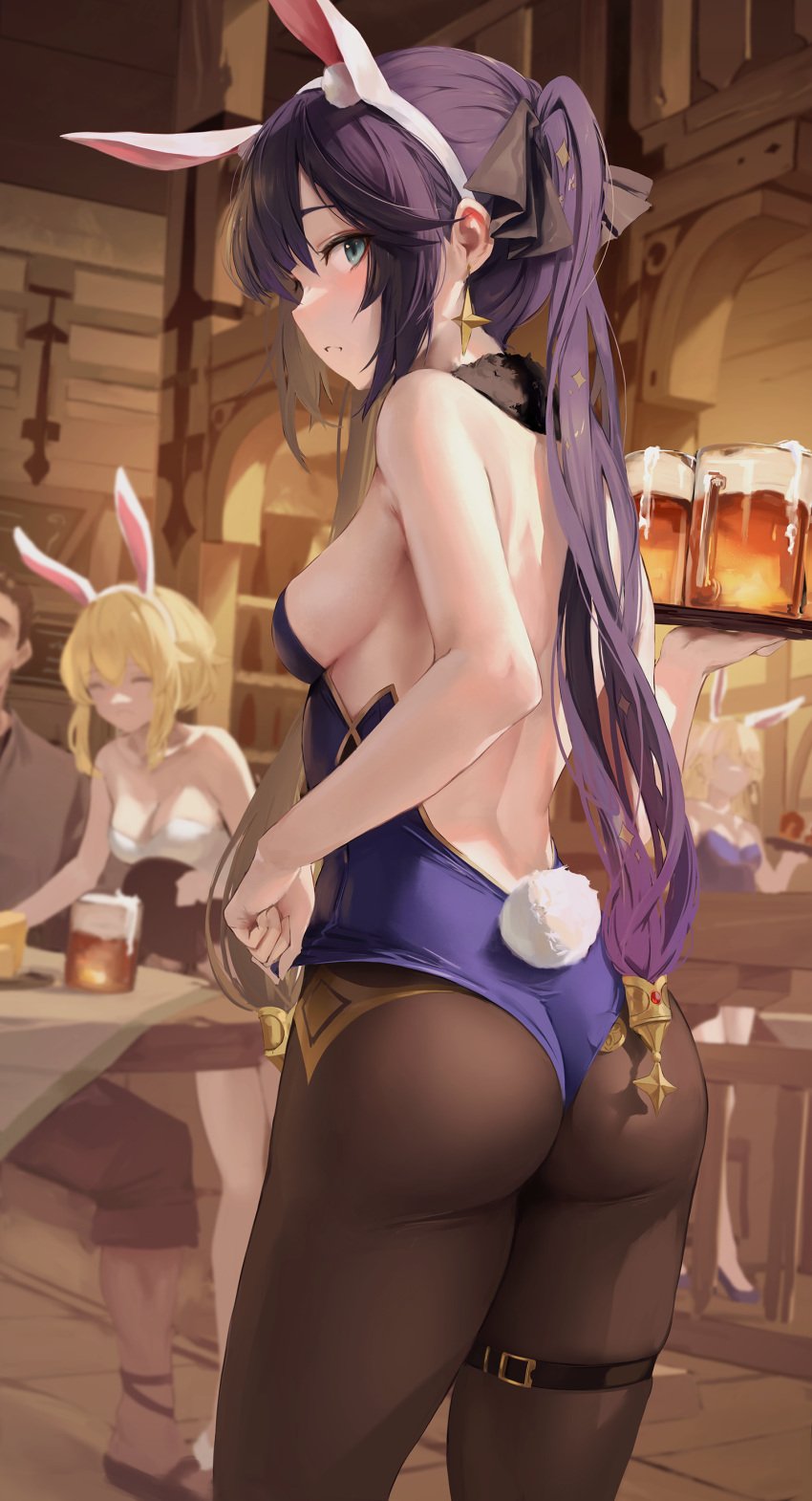 1boy 2girls aether_(genshin_impact) alcohol animal_ears ass ass_focus back bar bare_arms bare_back bare_shoulders beer blue_eyes breasts bunny_ears bunny_girl bunny_tail bunnysuit coin fake_animal_ears fake_tail from_behind genshin_impact highleg highleg_leotard hiki_niito hiki_nito indoors leotard lumine_(genshin_impact) mona_(genshin_impact) money multiple_girls pantyhose playboy_bunny purple_hair sideboob small_breasts solo_focus tavern thigh_strap thighs twintails waitress