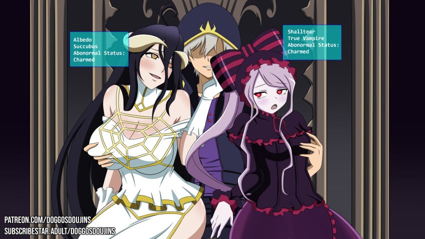 1boy 2girls ainz_ooal_gown albedo_(overlord) big_breasts black_hair blush clothed clothing heart-shaped_pupils humanized long_hair overlord_(maruyama) pale_skin red_eyes shalltear_bloodfallen small_breasts smilingdog succubus tagme vampire yellow_eyes