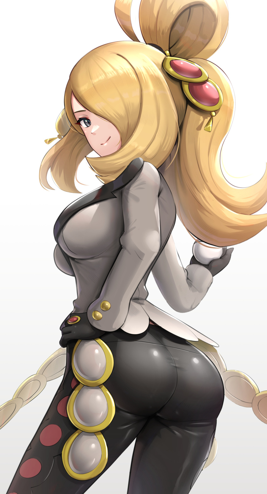 1girls alternate_costume ass blonde_hair breasts clothed clothed_female cynthia_(pokemon) female game_freak gonzarez hair_ornament hair_over_one_eye huge_breasts kommo-o_(cosplay) large_ass long_hair long_ponytail looking_at_viewer nintendo pokemon pokemon_(cosplay) pokemon_dppt pokemon_masters ponytail slim_waist smile sygna_suit_cynthia thick_thighs thighs tight_clothing