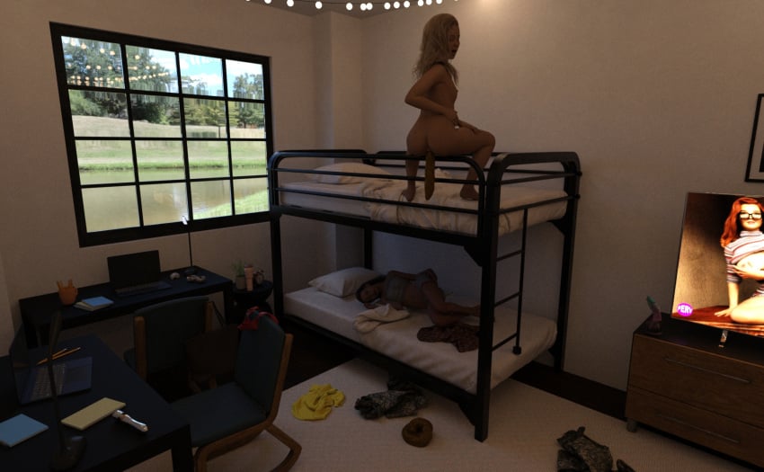 2girls 3d 3d_(artwork) 3dx bed bedroom black_hair blonde_hair clothes_on_floor daz3d daz_studio dildo dorm dorm_room dormitory pornography scat shit shitpile shitting sleeping vibrator wrecked3d