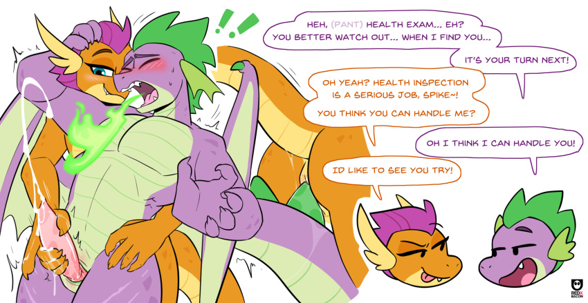 anthro bodily_fluids cum dialogue dragon english_text erection exclamation_point female fire friendship_is_magic genital_fluids genitals handjob hasbro hi_res male male/female membrane_(anatomy) membranous_wings my_little_pony orange_body orange_scales penile penis purple_body purple_scales redxbacon scales sex simple_background smolder_(mlp) smooth_skin spike_(mlp) text white_background wings