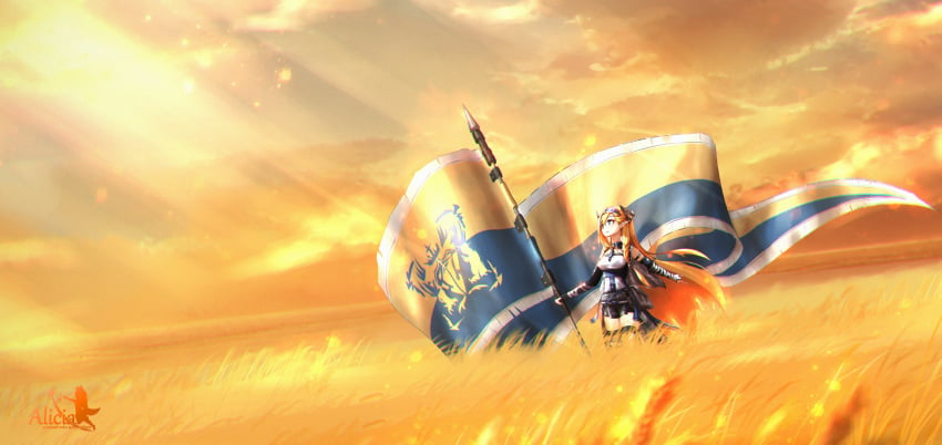 absurdres alicia_leonora arknights blonde_hair dragon_girl dragon_horns dragon_tail female field flag highres horns saileach_(arknights) scenery standing sunlight sunset tail