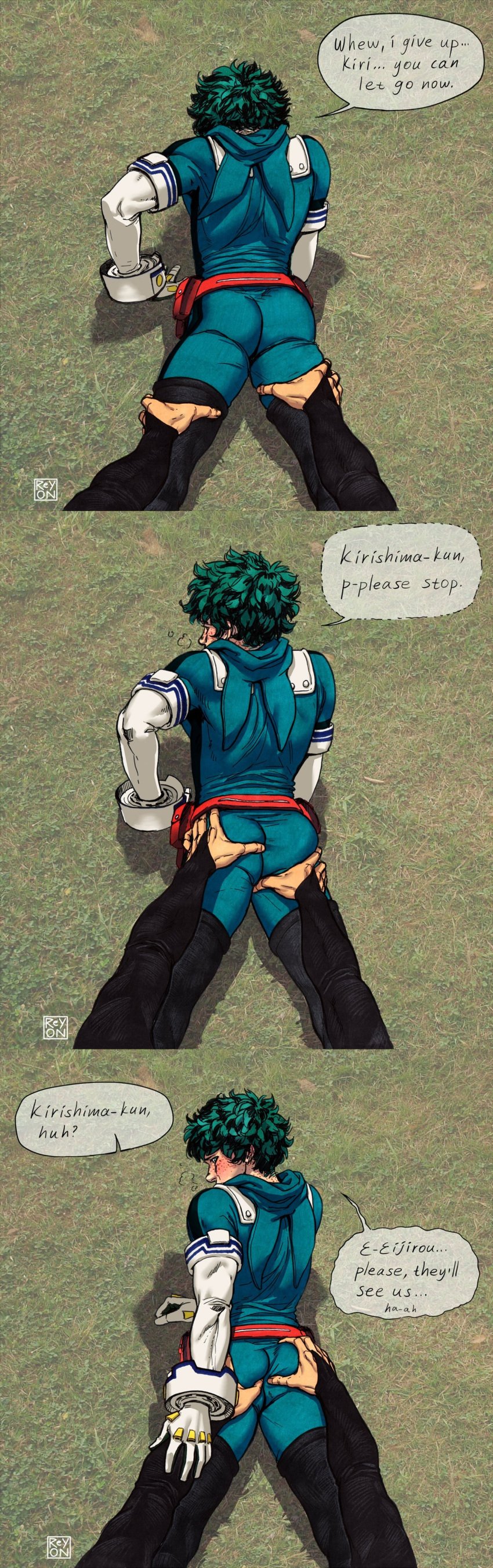 2boys ass ass_focus ass_grab ass_grope ass_squeeze blush clothed curly_hair eijirou_kirishima english_text freckles from_above green_hair grope groping groping_ass hands_on_ass hero_outfit_(mha) izuku_midoriya looking_back lying_on_stomach male male/male male_focus male_only my_hero_academia on_stomach out_of_frame over_clothes pov text thigh_grab yaoi