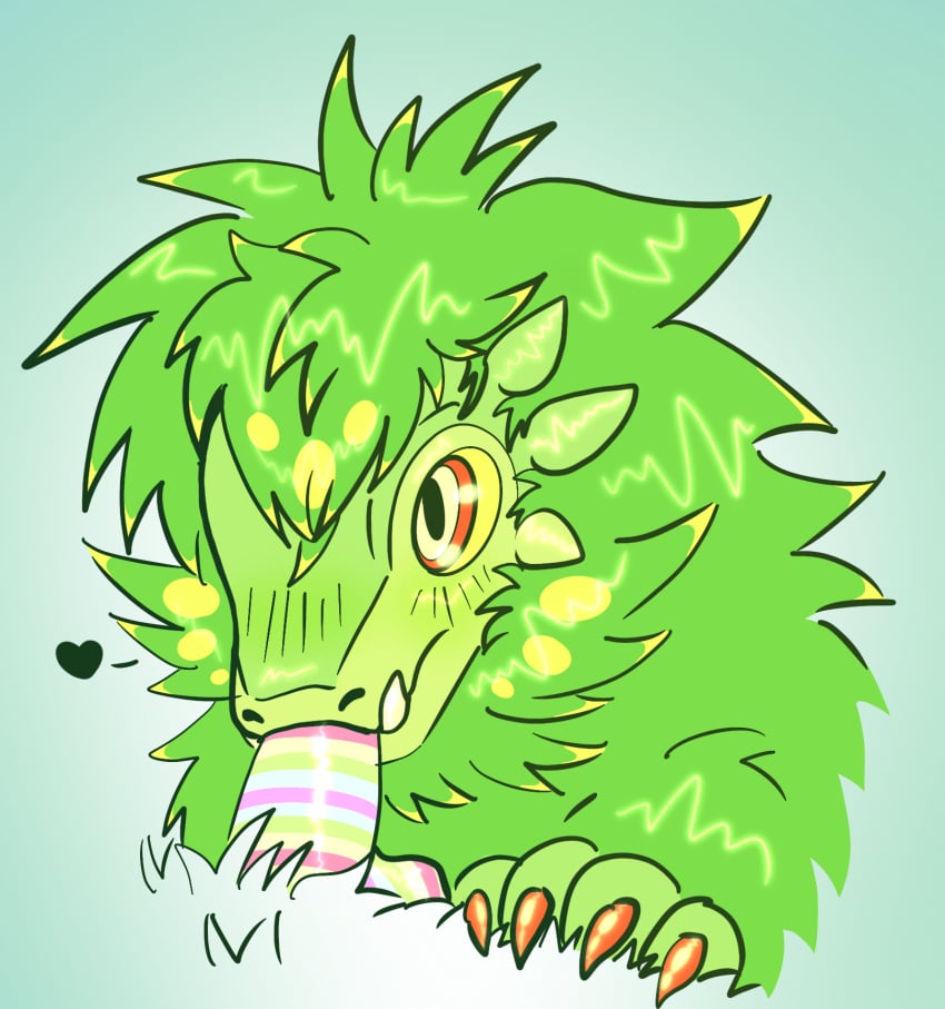 2boys anon anthro blowjob blush claws cute dino dinosaur furry green_blush green_fur heart horns looking_up male male_only oc original_character rainbow_penis red_eyes red_nails reptile tsukum0_gam1 yellow_sclera