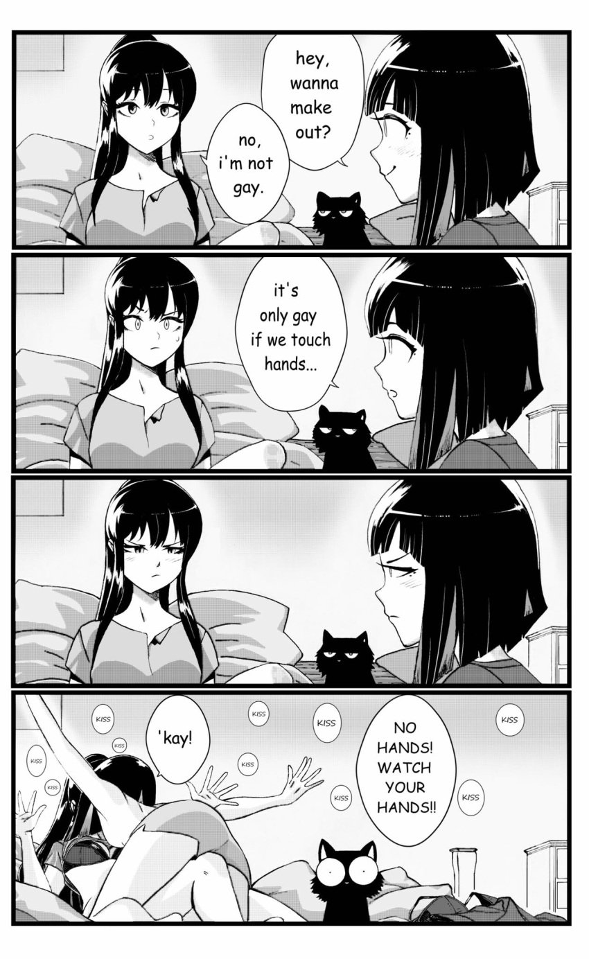 2girls 4koma black_hair cat comic dialogue english_text female funny grs- kissing making_out monochrome no_homo ponytail speech_bubble tagme text yuri