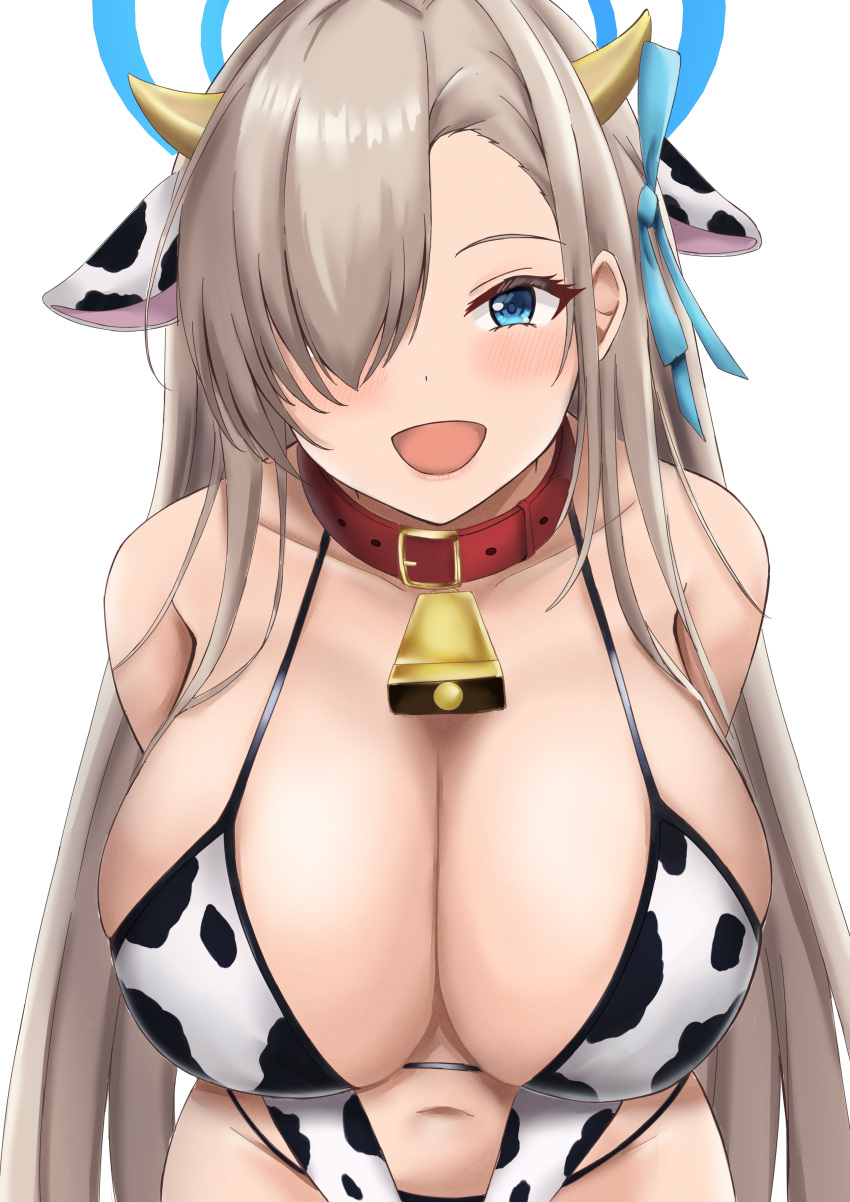 1girls asuna_(blue_archive) blonde_hair blue_archive blue_eyes blue_ribbon breasts collar cow_bikini cow_collar cow_ears cow_girl cow_horns cow_print cow_print_armwear cow_print_bikini cow_print_gloves cowbell female female_only horns huge_breasts kevin5573 large_breasts light-skinned_female light_skin looking_at_viewer platinum_blonde_hair ribbon smile smiling smiling_at_viewer