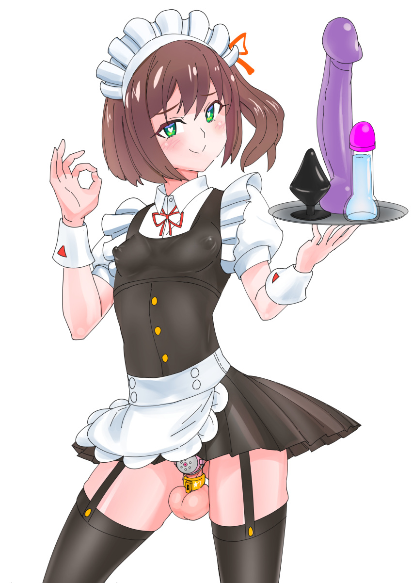 1boy androgynous balls big_balls blue_eyes blush chastity chastity_cage chastity_device dildo dress femboy feminine_male flat_chastity_cage green_eyes looking_at_viewer maid maid_outfit maid_uniform male male_only pose posing sanumaro sissy solo stockings thighs trap upskirt