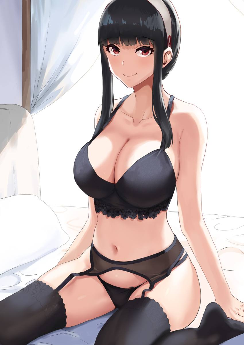 1girls 2022 assassin bangs bed bed_sheet black_bra black_garter_belt black_hair black_panties black_thighhighs bra breasts cleavage closed_mouth collarbone curtains female female_only hairband highres large_breasts lingerie long_hair looking_at_viewer mikame_v2 navel no_shoes panties pillow red_eyes sidelocks sitting smile solo solo_female spy_x_family stomach thighhighs thorn_princess underwear underwear_only white_hairband yor_briar