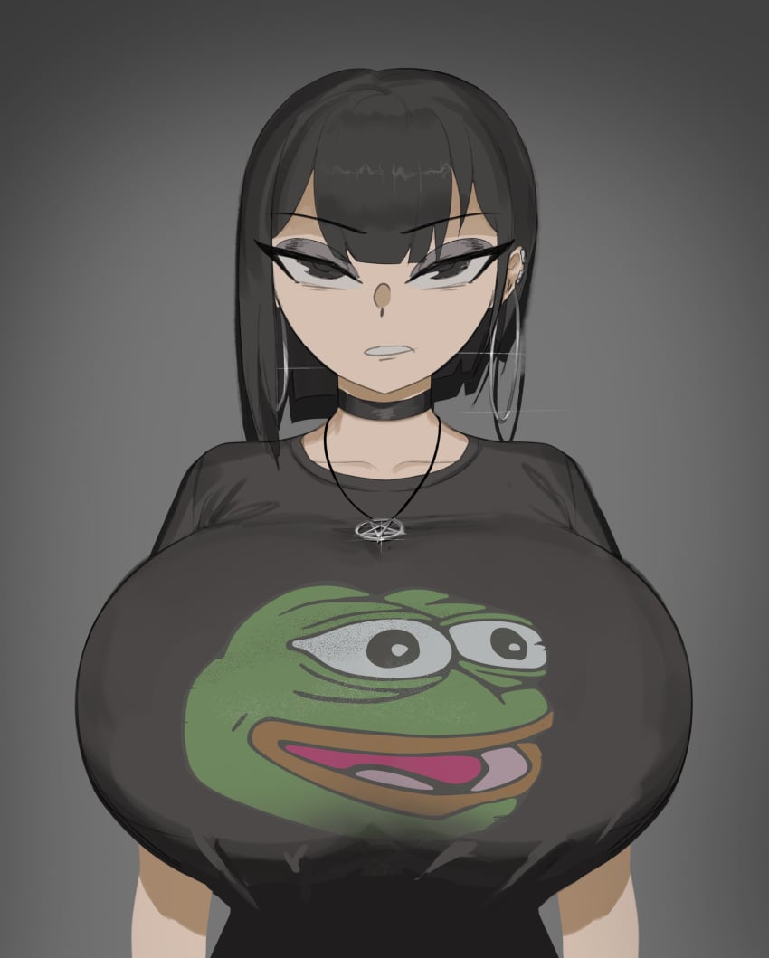 1girls big_breasts black_hair booruguru breasts busty curvaceous curvy curvy_body curvy_female curvy_figure female female_focus goth goth_(booruguru) goth_girl hoop_earrings hoop_earrings_oversized huge_breasts large_breasts original original_character pepe_the_frog voluptuous