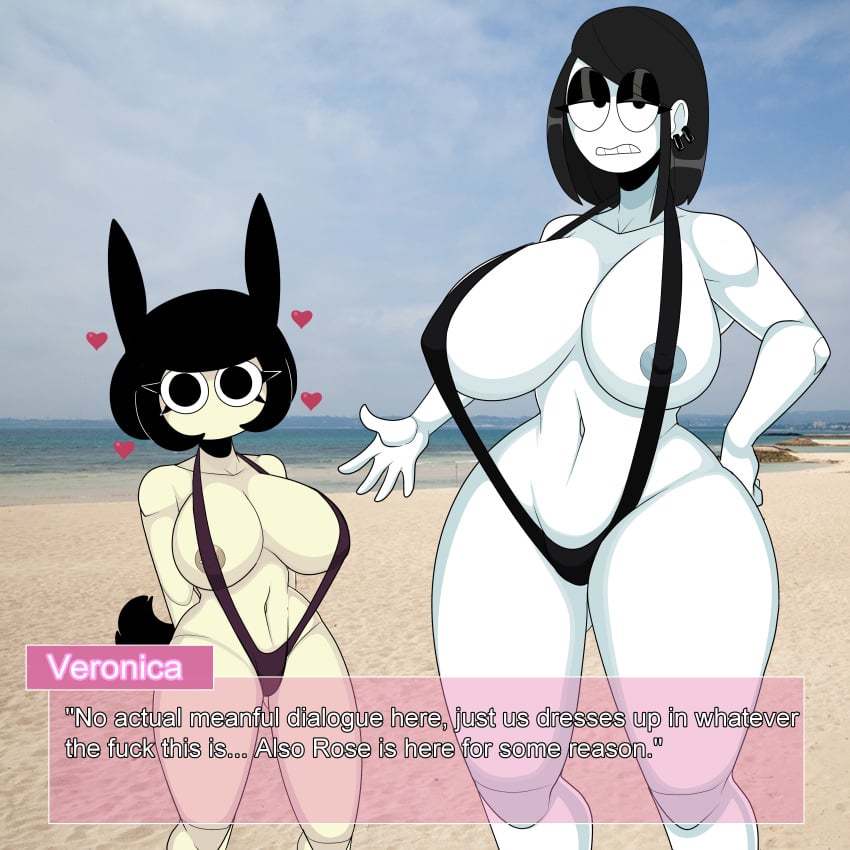 2girls beach big_breasts bikini black_hair breasts bunny_girl busty clothing dialogue english_text female female_only goth heart huge_breasts large_breasts looking_at_viewer no_mouth rabbit rabbit_girl revealing_clothes rose_(saltynoodles) saltynoodles sling_bikini swimsuit talking_to_viewer text text_box thick_thighs veronica_(saltynoodles) white_skin wide_hips