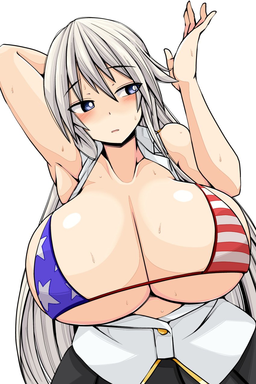 alternate_breast_size american_flag_bikini azur_lane bikini bikini_top_only blue_eyes breasts collared_shirt enterprise_(azur_lane) female flag_print highres huge_breasts imagawa_akira long_hair looking_to_the_side massive_breasts pleated_skirt shirt skirt sleeveless sleeveless_shirt swimsuit upper_body very_long_hair white_hair white_shirt