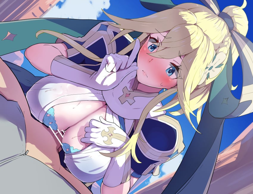 1boy absurdres alicia_(armed_fantasia) armed_fantasia armed_fantasia:_to_the_end_of_the_wilderness bar_censor blonde_hair blue_eyes blue_sky boris_(noborhys) breasts censored cleavage_cutout closed_mouth clothing_cutout cloud day female gloves highres long_hair outdoors paizuri paizuri_under_clothes penis ponytail sky solo_focus straight white_gloves