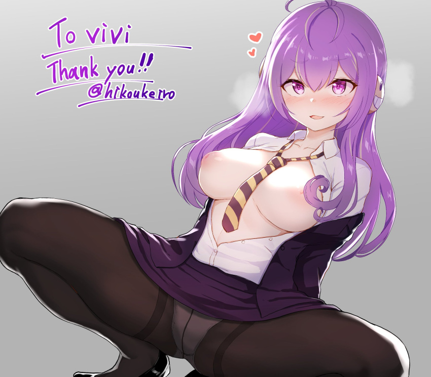 arms_behind_back blush female hikoukeiro inverted_nipples large_breasts long_hair open_clothes pale_skin pantyhose purple_eyes purple_hair skirt solo solo_female spread_legs tie tie_between_breasts virtual_youtuber vividly vividly_vivi