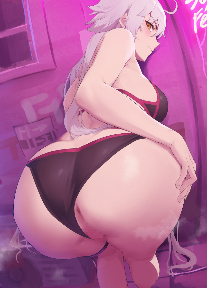 absurdres ahoge anus ass bangs bare_shoulders bikini black_bikini blush breasts fate/grand_order fate_(series) female grey_hair highres jeanne_alter jeanne_d'arc_alter_(fate) jeanne_d'arc_alter_(swimsuit_berserker)_(fate) large_breasts long_hair looking_at_viewer looking_back mazenda_(3378) swimsuit thigh_strap thighs very_long_hair yellow_eyes