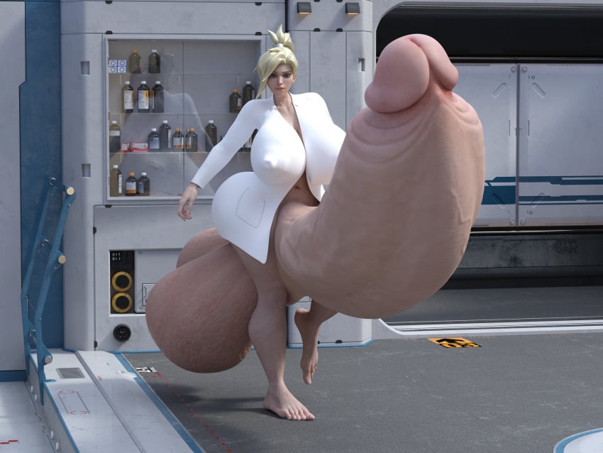 3d erect_nipples facing_viewer futa_only futanari hanging_balls huge_ass huge_breasts hyper hyper_balls hyper_penis labcoat laboratory looking_at_viewer mercy nipple_bulge nipples_visible_through_clothing overwatch renrenrew retracted_foreskin swinging_balls thick_penis thick_thighs very_long_penis walking