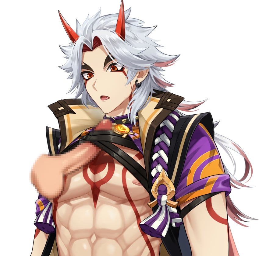 2boys abs arataki_itto blur_censor bodypaint censored choker disembodied_penis ear_piercing erection facepaint genshin_impact highres horns japanese_clothes long_hair male_focus male_only multicolored_hair multiple_boys muscular muscular_male nipples oerba_yun_fang parted_lips pectorals penis piercing pinchi red_eyes red_hair simple_background solo_focus spiked_choker spikes tassel testicles thick_eyebrows white_background white_hair yaoi