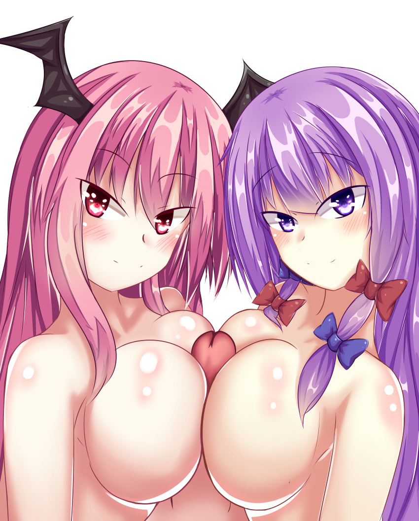 1boy 2girls aiykawa blush breast_press breasts closed_mouth demon_girl double_paizuri ffm_threesome koakuma large_breasts long_hair looking_at_viewer male male_pov nude paizuri patchouli_knowledge penis purple_eyes purple_hair red_eyes red_hair simple_background smile symmetrical_docking teamwork third-party_edit topless touhou white_background