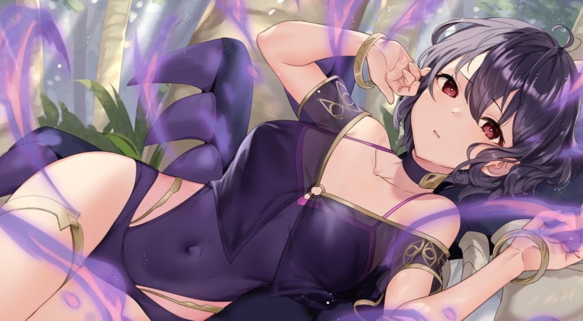 1girls ahoge alternate_costume bangs black_hair black_one-piece_swimsuit bracelet breasts character_doll collarbone corruption covered_navel dark_persona eyes_of_grima female female_only fire_emblem fire_emblem_awakening fire_emblem_heroes grima_(fire_emblem) hair_between_eyes haru_(nakajou-28) highleg highleg_leotard jewelry leotard looking_at_viewer lying magic medium_breasts morgan_(fire_emblem) morgan_(fire_emblem)_(female) nintendo open_mouth outdoors plant purple_hair purple_leotard purple_one-piece_swimsuit red_eyes see-through shiny shiny_hair short_hair small_breasts solo swimsuit thighlet thighs tree