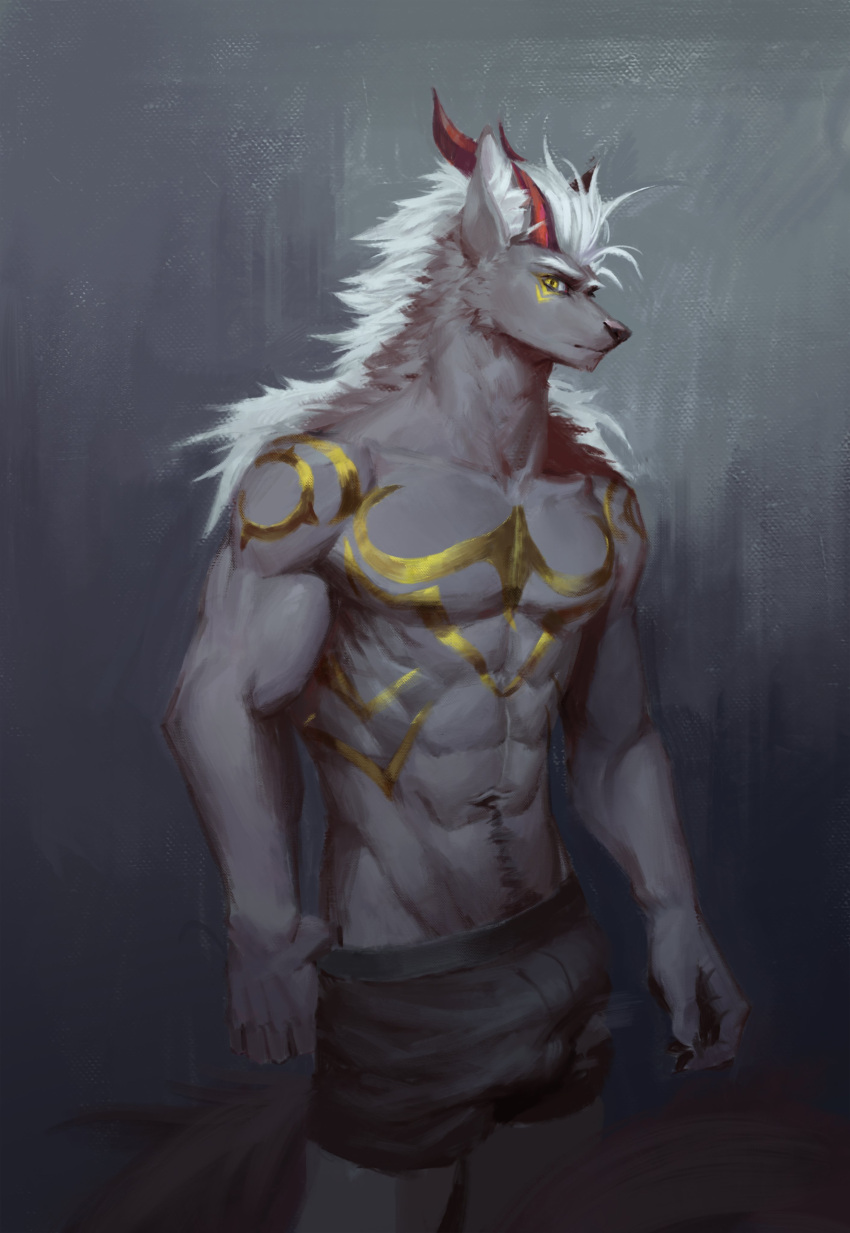 absurd_res anthro awaldkize black_nose bulge canid cheek_tuft clothed clothing facial_tuft fur genital_outline grey_body grey_ears grey_fur hair hi_res horn inner_ear_fluff looking_at_viewer male mammal markings mouth_closed muscular muscular_anthro muscular_male navel neck_tuft penis_outline portrait red_horn short_hair simple_background solo three-quarter_portrait three-quarter_view topless tuft unsigned white_hair white_inner_ear_fluff yellow_eyes yellow_markings