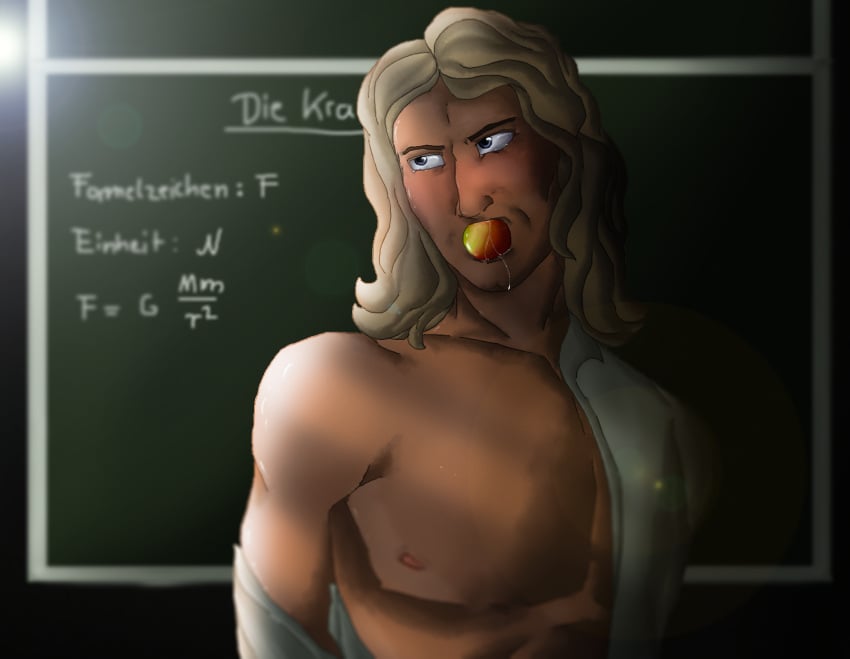 apple apple_in_mouth black_board blue_eyes gag gagged german_text grey_hair historical_people history improvised_gag improvised_sex_toy isaac_newton light_skin long_hair long_hair_male male_only math muscular muscular_male public_domain saliva saliva_drip school semi_clothed semi_nude spit submissive super_science_friends teacher upper_body