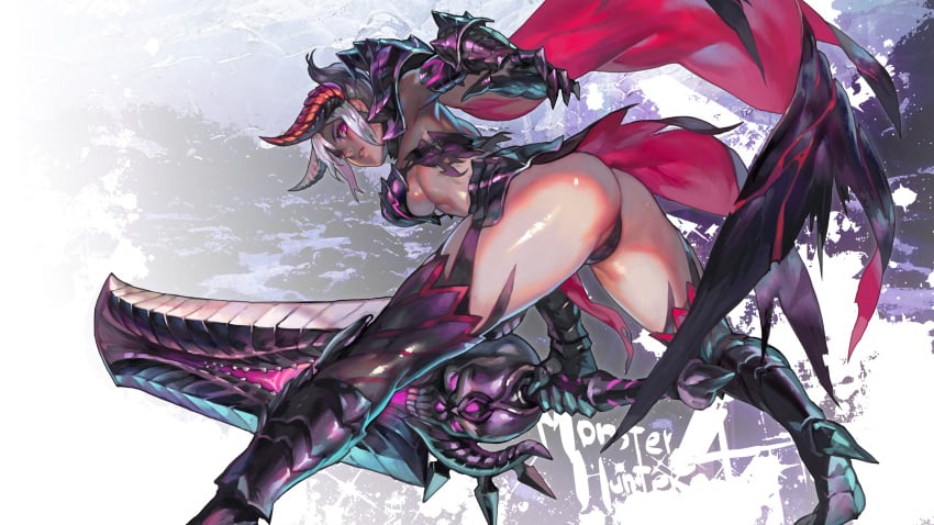 1girls aoin armor ass ass_focus big_ass cameltoe capcom gore_magala light-skinned_female light_skin monster_hunter monster_hunter_rise panties presenting_hindquarters sword thick_thighs warrior weapon