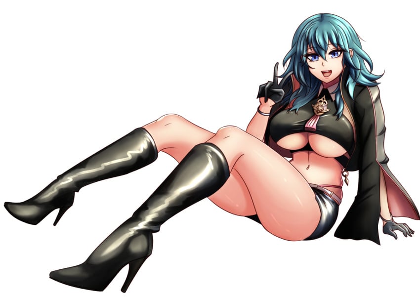 1girls blue_eyes blue_hair bracelet breasts byleth_(fire_emblem) byleth_(fire_emblem)_(female) crop_top fire_emblem fire_emblem:_three_houses gloves high_heel_boots high_heels large_breasts long_hair looking_at_viewer midriff navel nintendo open_mouth patdarux pointing pointing_up sitting skirt source_request source_smaller underboob