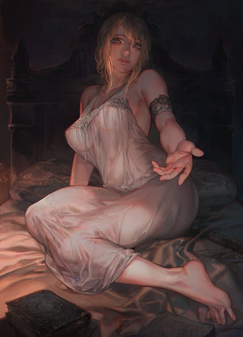 1girls absurdres aoin arm_support armlet barefoot bed bedsheets big_breasts blonde_female blonde_hair blue_eyes book bracelet breasts covered_erect_nipples covered_navel curvy dark_background dress elden_ring feet female female_focus female_only fia_the_deathbed_companion fromsoftware highres hug_invitation imminent_hug indoors inviting_hug light-skinned_female light_skin long_hair looking_at_viewer luscious_lips navel nipple_bulge nipples nipples_visible_through_clothing no_hood nude_underneath on_bed outstretched_arm painting_(artwork) parted_lips perky_breasts pillow reaching_towards_viewer see-through see-through_clothing silk_dress sitting soles solo solo_female thighs toes visible_nipples voluptuous white_dress