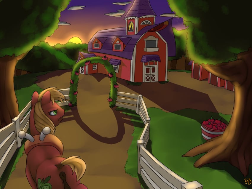 anus apple archway barn big_macintosh_(mlp) earth_pony equid equine fence friendship_is_magic hasbro horse male mammal my_little_pony plant pony shdingo sunset tree yoke