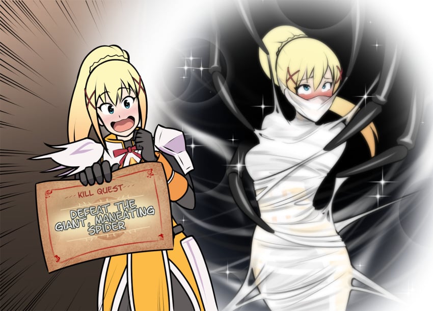 1girls armor blonde_hair blue_eyes blush bondage bound cocoon cocooned darkness_(konosuba) dress excited femsub gag gagged happy happy_sub kono_subarashii_sekai_ni_shukufuku_wo! looking_pleasured looking_up mummification pleasure_face ponytail restrained spider spider_web tied tied_up web web_bondage web_gag wossarem