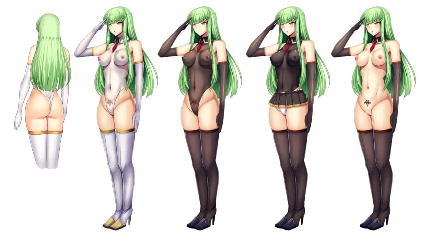 ass big_ass big_breasts breasts c.c. code_geass daiaru detached_collar female gloves green_hair high_heels highleg highleg_leotard leotard long_hair necktie nude_female panties pubic_tattoo salute see-through see-through_clothing skirt tagme thighhighs thong_leotard white_panties yellow_eyes