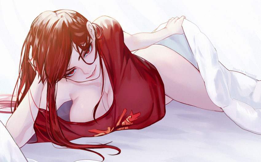 1girls bed bed_sheet big_breasts blanket bottomless breasts elbow_rest fate/grand_order fate_(series) female female_focus female_only hand_on_head hand_on_own_head inviting large_breasts lifting_covers light-skinned_female long_hair looking_at_viewer lying lying_on_bed march_ab no_bra no_panties no_underwear oda_nobunaga_(avenger)_(fate) oda_nobunaga_(fate) on_side only_female pale-skinned_female pillow red_eyebrows red_eyes red_hair red_shirt smile solo solo_female solo_focus t-shirt thighs under_covers