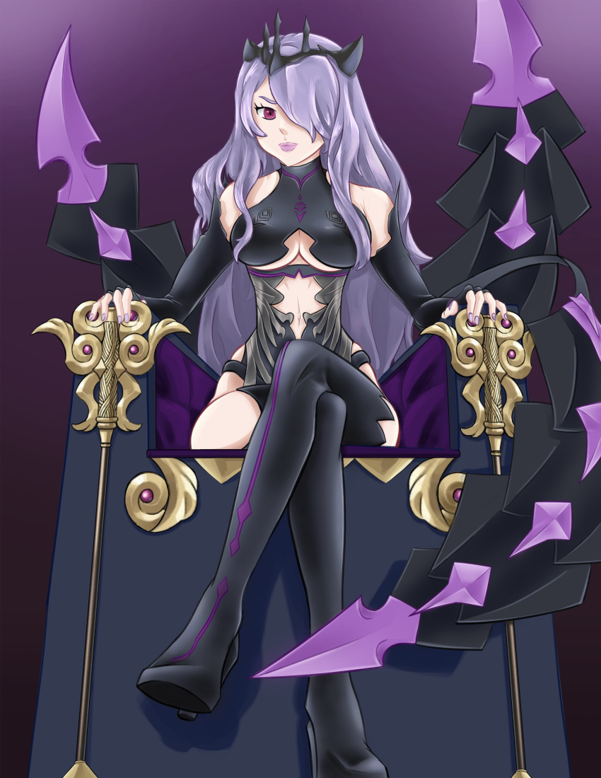 1girls alternate_costume boots breasts bzurrf camilla_(fire_emblem) cleavage cosplay crossed_legs female female_only fire_emblem fire_emblem:_three_houses fire_emblem_fates hair_over_one_eye kronya_(fire_emblem)_(cosplay) long_hair medium_breasts nintendo purple_eyes purple_hair sitting solo thigh_boots underboob very_long_hair