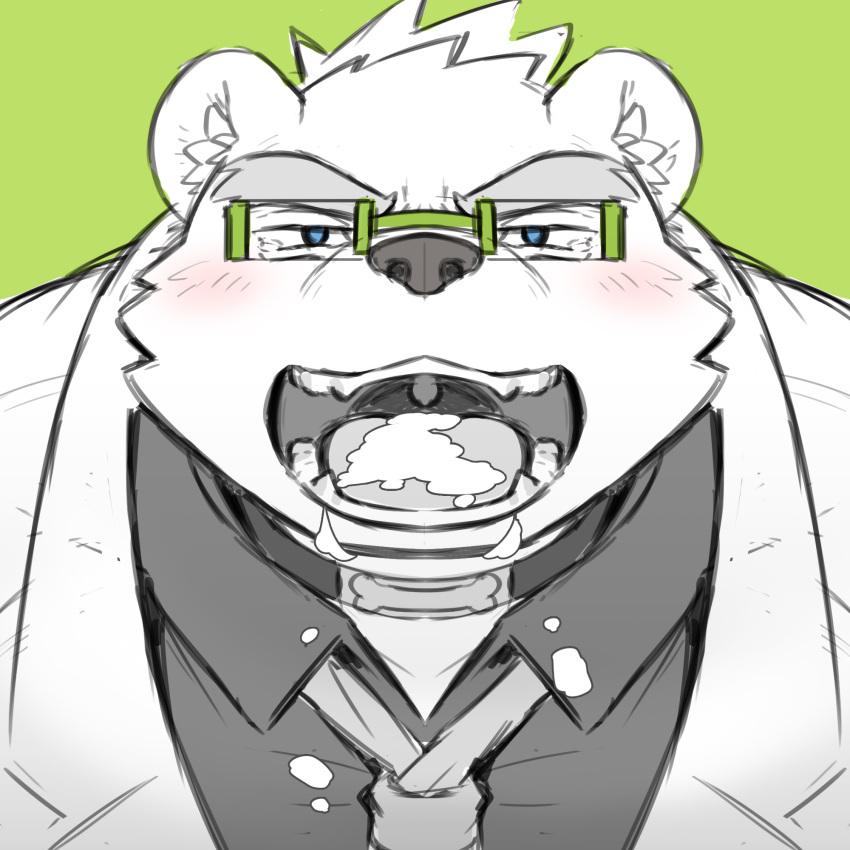 1boy angry anthro blue_eyes blush bodily_fluids cai1448331577 clothing coat cum cum_in_mouth cum_inside eyewear genital_fluids glasses hi_res lab_coat leib_(tokyo_afterschool_summoners) lifewonders male male_only mammal mouth_shot necktie open_mouth polar_bear solo tokyo_afterschool_summoners topwear ursid ursine video_games