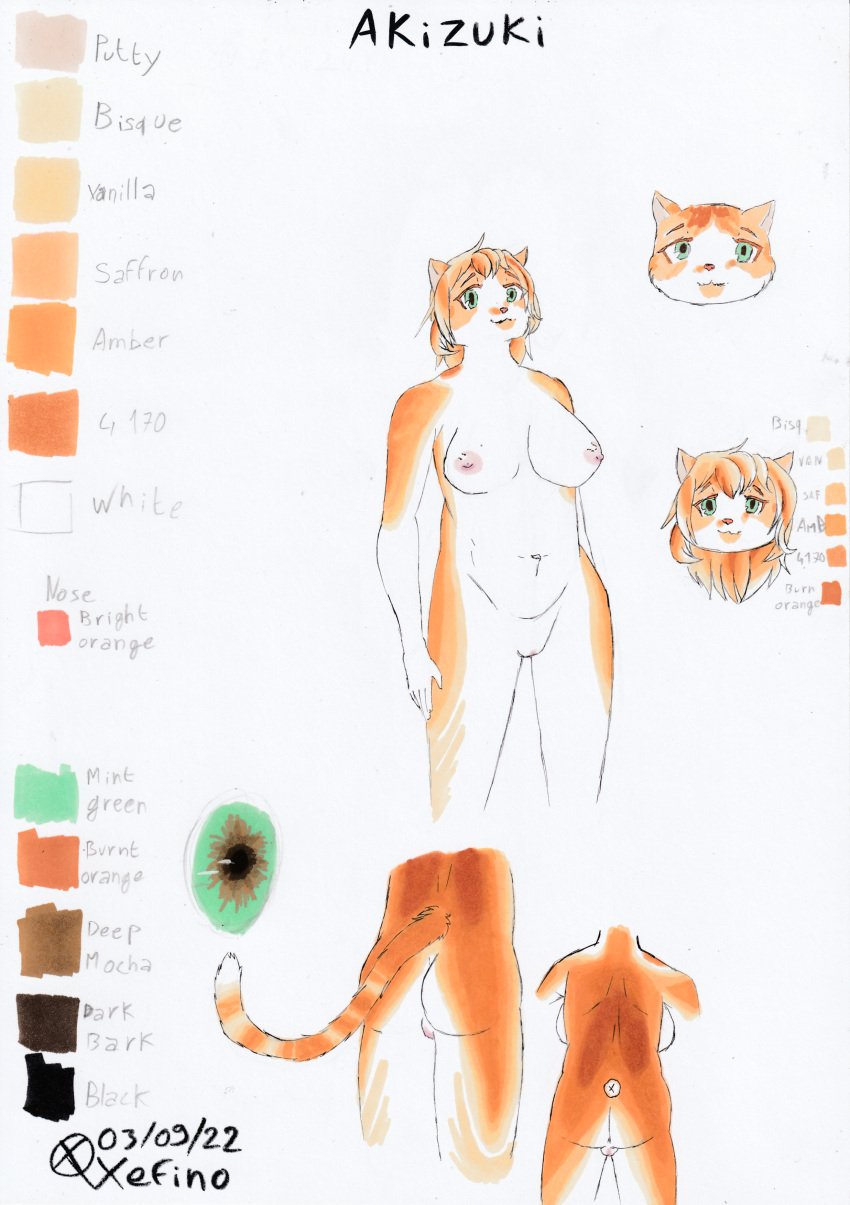 absurd_res akizuki_(xefino) anthro areola big_breasts breasts curvy_figure domestic_cat felid feline felis female fur genitals green_eyes hi_res mammal mature_anthro mature_female model_sheet nipples orange_body orange_fur pussy slightly_chubby slightly_chubby_female solo thick_thighs traditional_media_(artwork) voluptuous white_body white_fur wide_hips xefino