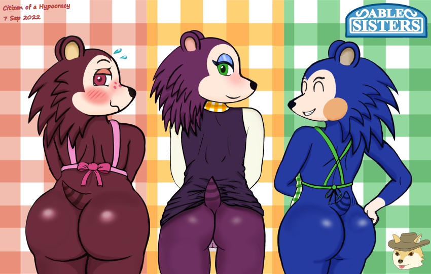 3girls able_sisters animal_crossing anthro apron apron_only archway_of_venus ass back_view background big_ass blue_fur blue_mascara body_difference brown_eyes brown_fur checkered_background chubby chubby_female closed_eyes color da_hypocrat dress_lift embarrassed female female_only freckles furry furry_ears green_apron green_eyes hedgehog labelle_able large_ass looking_at_viewer mabel_able mascara naked_apron naughty_face nervous_smile nervous_sweat nintendo no_panties orange_cheeks pink_apron purple_fur pussy sable_able seductive_smile short_tail showing_ass sisters smile spikes spiky_hair striped_tail tail thick_ass thick_thighs thin_female thin_waist three-quarter_view