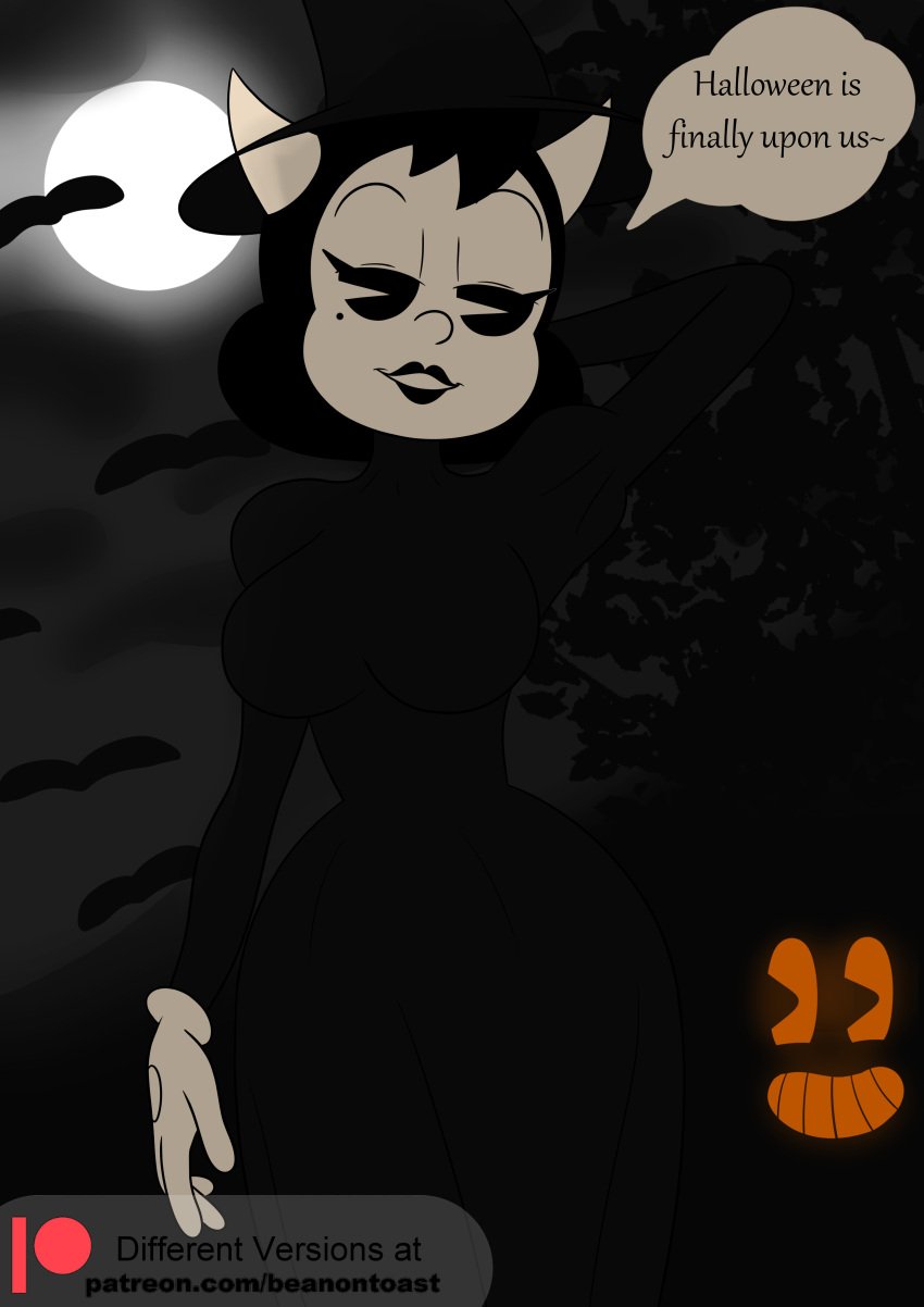 alice_angel angel bats beanontoast bendy_and_the_ink_machine breasts clothed clouds dark_sky female hands_behind_head horns moon moonlight outside pumpkin sfw smiling speech speech_bubble text thick_thighs tree wide_hips witch witch_hat