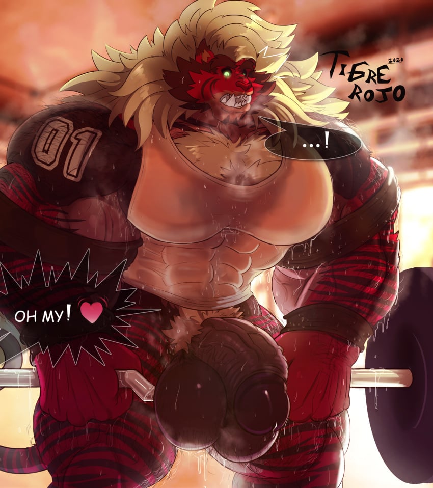 1397_david anthro balls bara barazoku big_balls big_penis black_body black_fur exercise furry gay hairy male male_only muscles muscular musk penis red_body red_fur solo solo_male speech_bubble sweat_stain sweaty tank_top tiger tigre_rojo weightlifting white_hair