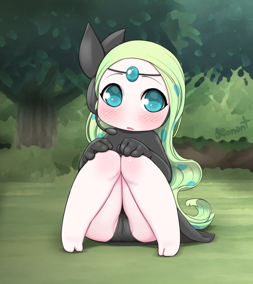 2022 blue_eyes blush camel_toe clothing female generation_5_pokemon green_hair hair hi_res humanoid kionant legendary_pokemon looking_at_viewer meloetta meloetta_(aria_form) nintendo not_furry pokémon_(species) pokemon pokemon_(species) sitting solo video_games white_body