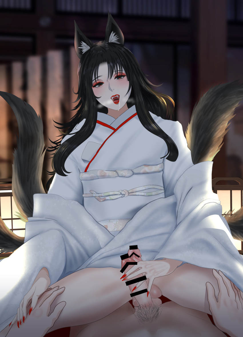 2boys absurdres animal_ear_fluff animal_ears bar_censor black_eyes black_hair censored crossdressing erection fangs femboy fox_boy fox_ears fox_tail girly highres japanese_clothes kimono kitsune long_hair male male_focus male_only multiple_boys multiple_penises multiple_tails obi open_mouth original otoko_no_ko otoralili penis penises_touching pov red_lips red_nails sash shiromuku solo_focus tail trap uchikake white_kimono yaoi