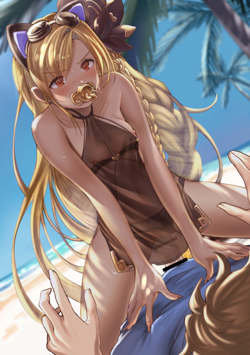 1boy absurdres animal_ears bangs bar_censor bare_shoulders beach bikini bikini_aside black_bikini blonde_hair blue_sky blush braid breasts brown_hair censored clothing_aside cowgirl_position dark-skinned_female dark_skin day dress female femdom fingernails goggles goggles_on_head gran_(granblue_fantasy) granblue_fantasy hair_ribbon helel_ben_shalem highres long_hair navel nipples nyapanu ocean outdoors pacifier palm_tree penis pussy red_eyes ribbon see-through sex sky small_breasts solo_focus squatting_cowgirl_position straddling straight swimsuit tree vaginal_penetration very_long_hair