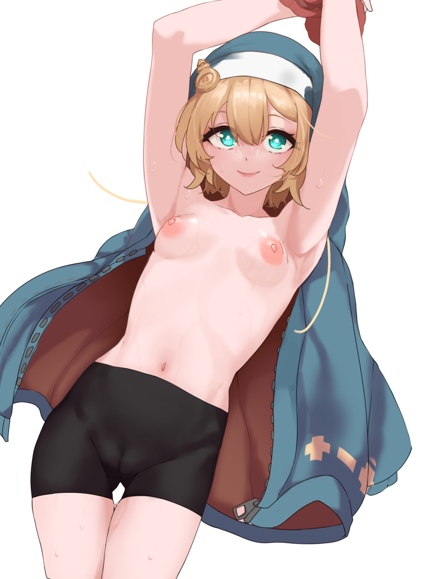 1girls areolae armpits arms_up blonde_hair blue_eyes blush breasts bridget cameltoe casual_topless compression_shorts eye_contact female guilty_gear guilty_gear_strive hoodie light_skin long_hair looking_at_viewer nipples rule_63 shorts small_breasts smile spandex_shorts todding topless