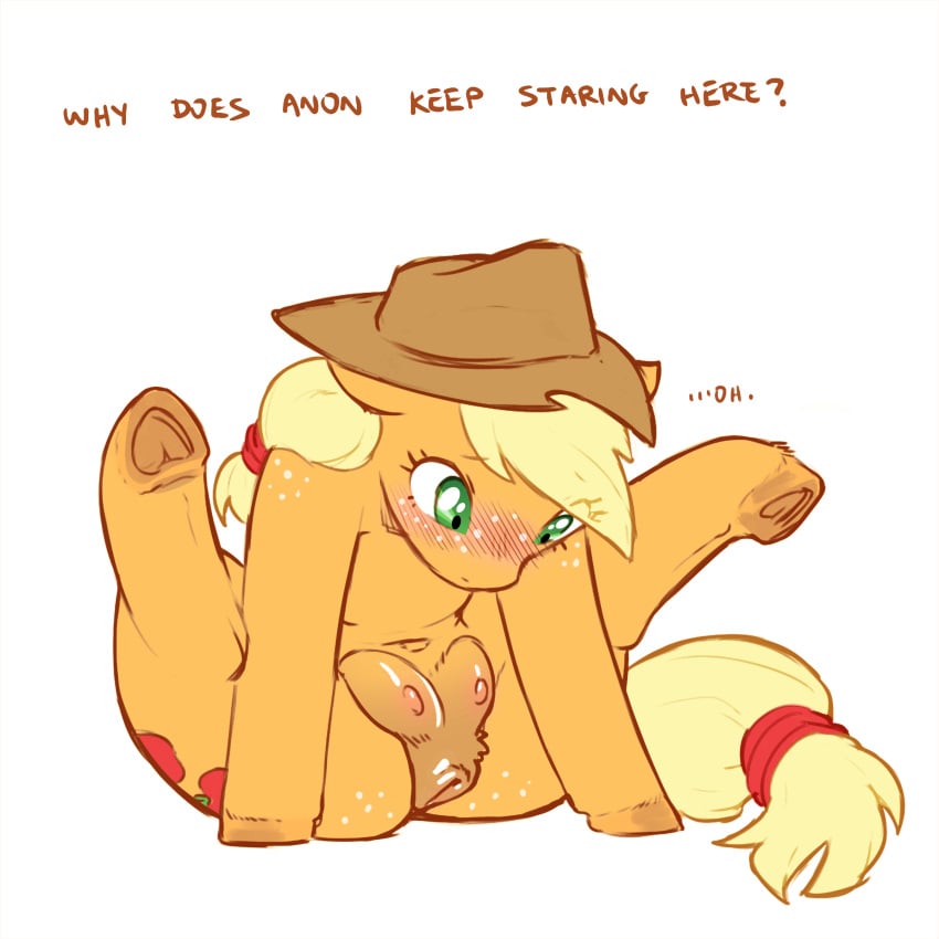 absurd_res anatomically_correct anatomically_correct_genitalia anatomically_correct_pussy animal_genitalia animal_pussy applejack_(mlp) blonde_hair clothing cold-blooded-twilight color_edit colored cowboy_hat crotchboobs cutie_mark dialogue digital_media_(artwork) earth_pony edit equid equine equine_pussy eyelashes female feral fetlocks freckles friendship_is_magic genitals green_eyes hair hasbro hat headgear headwear hi_res hooves horse looking_down mammal my_little_pony nipples orange_body pegajace pony pussy shoulder_freckles simple_background solo spread_legs spreading underhoof white_background yellow_tail