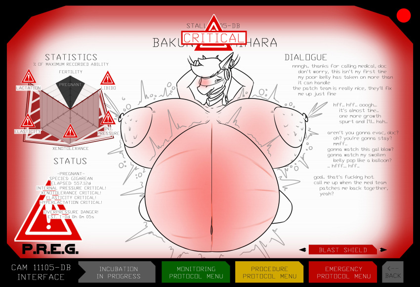 2021 about_to_burst absurd_res anthro belly big_belly big_breasts blush bodily_fluids bound breast_expansion breasts daihara_bakunyu digital_drawing_(artwork) digital_media_(artwork) dragon english_text expansion female hair hands_tied hi_res huge_breasts hyper hyper_belly keinga lactating line_art milk navel neck_ring nipples nude open_mouth p.r.e.g. pregnant restricted_palette scalie solo text thick_thighs user_interface visor